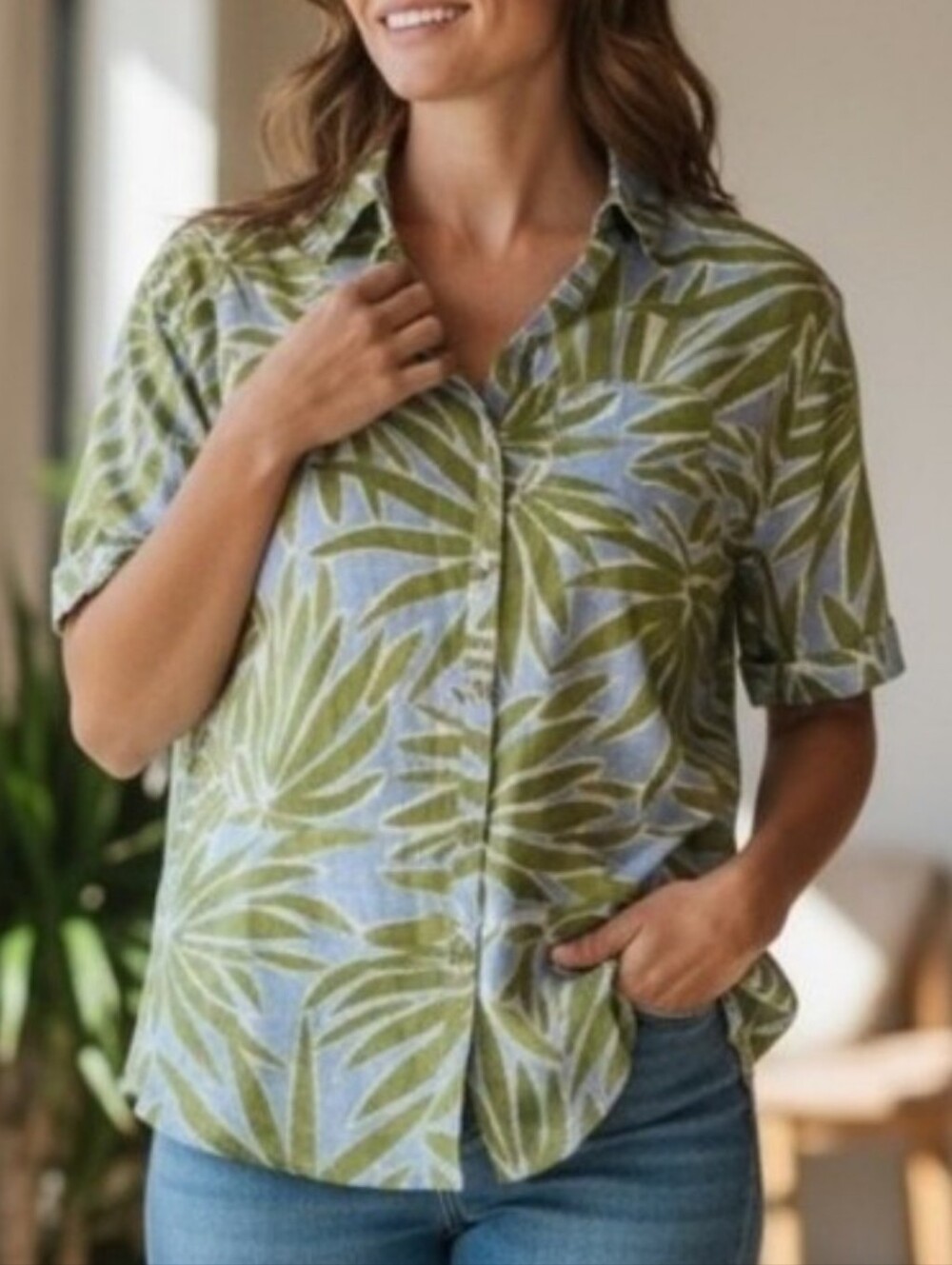 Nwt Sigrid Olsen Linen Short-Sleeve Button-Front Top Green Leaf Print Large